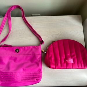 New Kate Spade Bright Pink Nylon Shoulder Bag & Pink Cosmetic Pouch Set